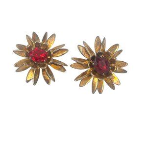 Vermeil Sterling 1940s Floral Screw back Earrings With Red Rhinestones